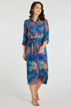 Palm Print Button Through Shirt Dress -Mod Vanta Sales Store 900369398 alt1