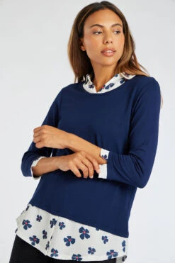 Long Sleeve 2 In 1 Floral Print Collar Hem Shirt -Mod Vanta Sales Store 900377053 alt4