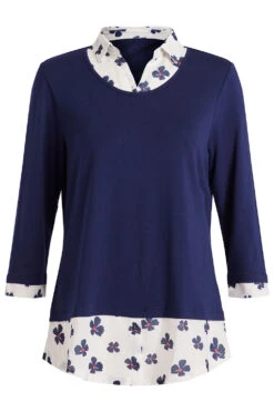 Long Sleeve 2 In 1 Floral Print Collar Hem Shirt -Mod Vanta Sales Store 900377053 default