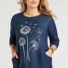 3/4 Sleeve Dandelion Design Tunic With Pockets