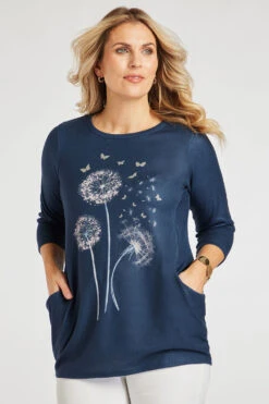 3/4 Sleeve Dandelion Design Tunic With Pockets
