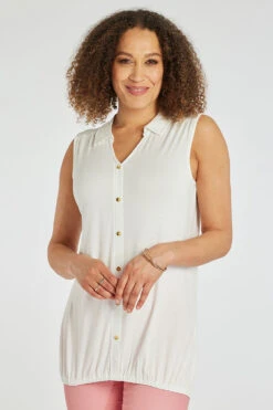 Sleeveless Bubble Hem Button Through Plain Shirt