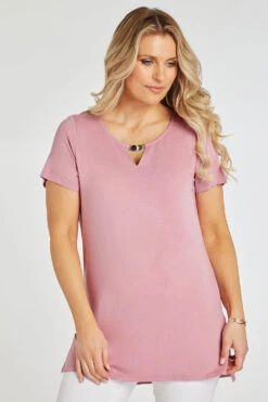 Short Sleeve Plain Tunic With Keyhole Detail