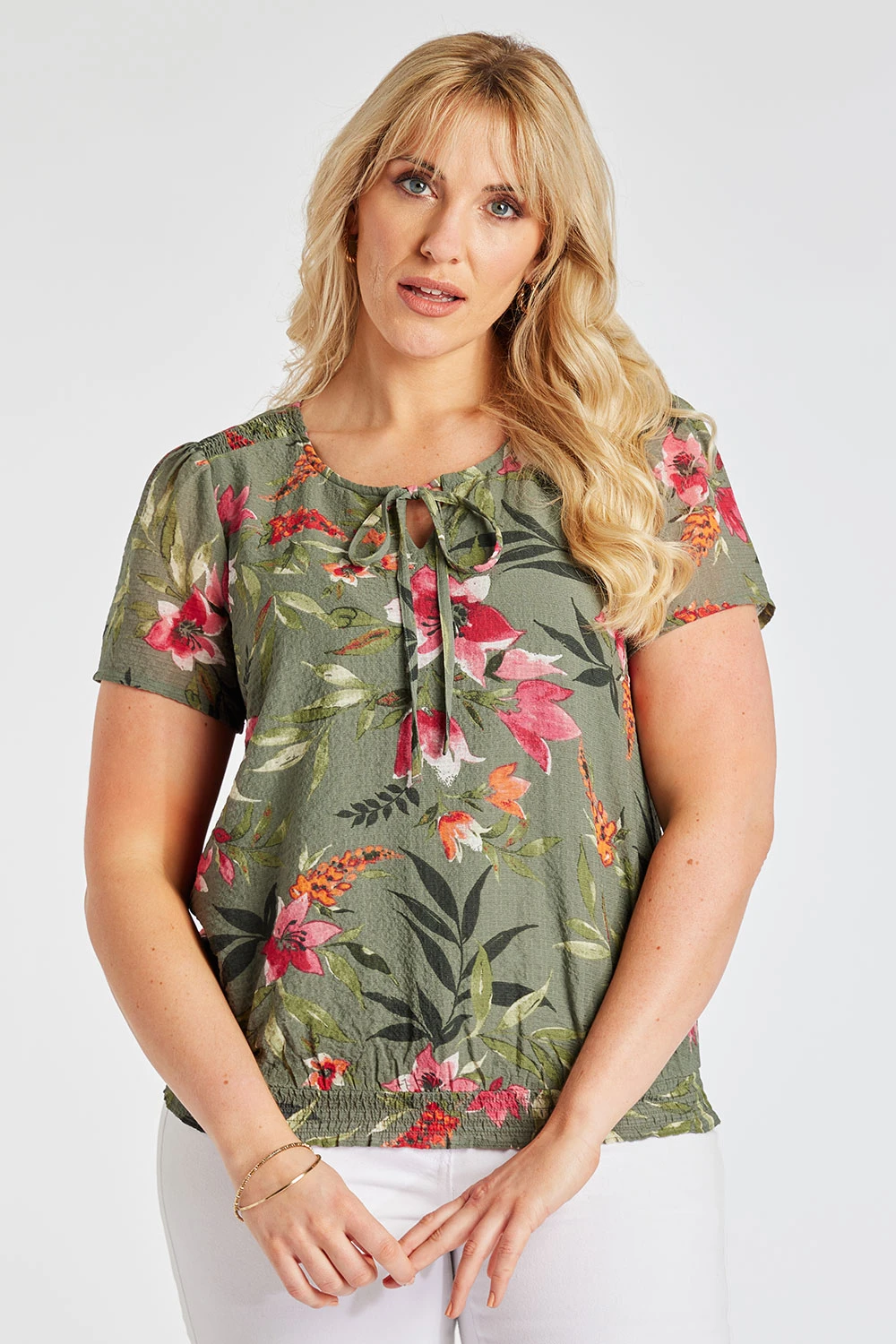 Short Sleeve Tropical Flower Top With Shirred Hem 9 Short Sleeve Tropical Flower Top With Shirred Hem - Image 7
