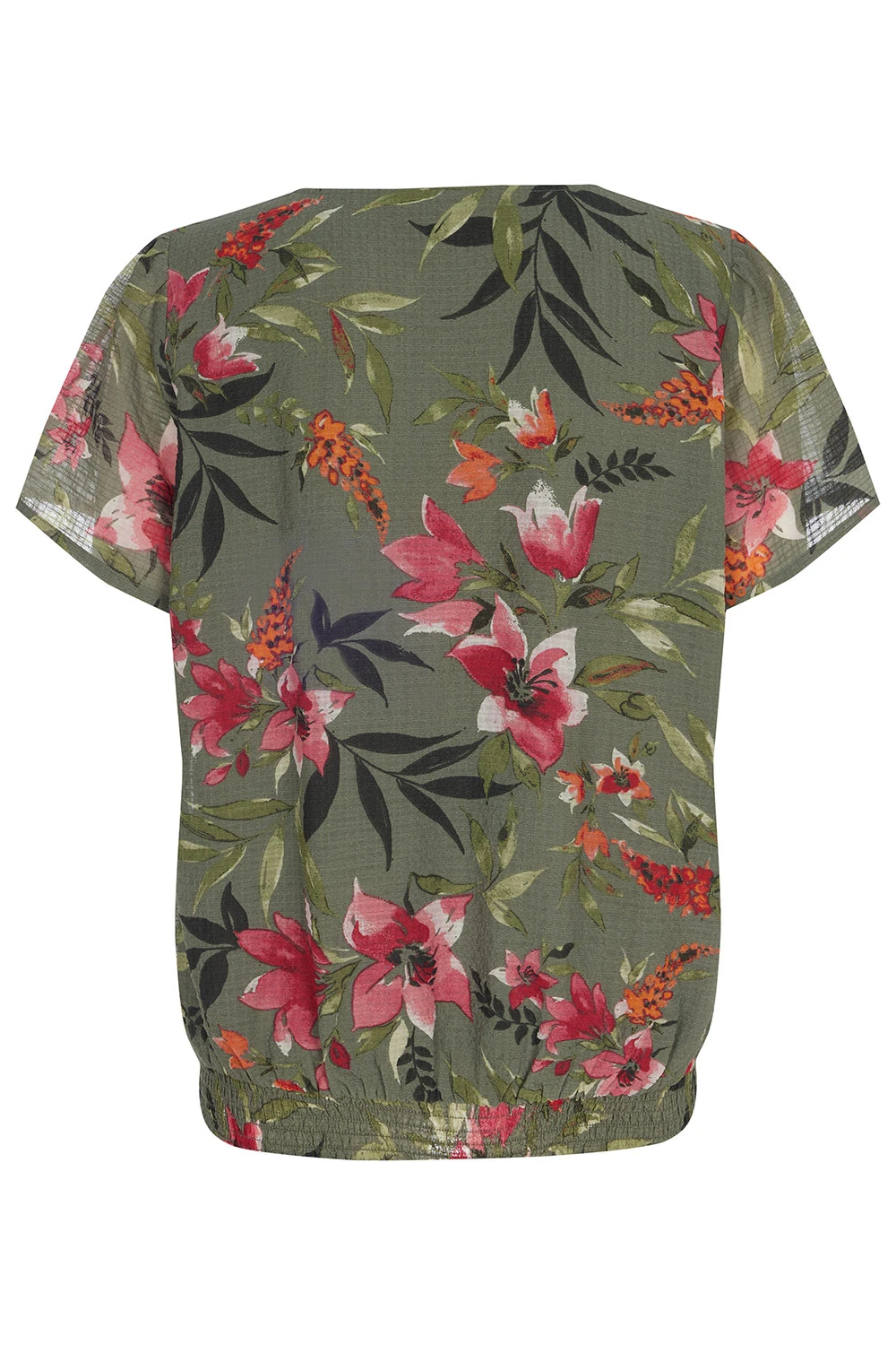 Short Sleeve Tropical Flower Top With Shirred Hem 5 Short Sleeve Tropical Flower Top With Shirred Hem - Image 3