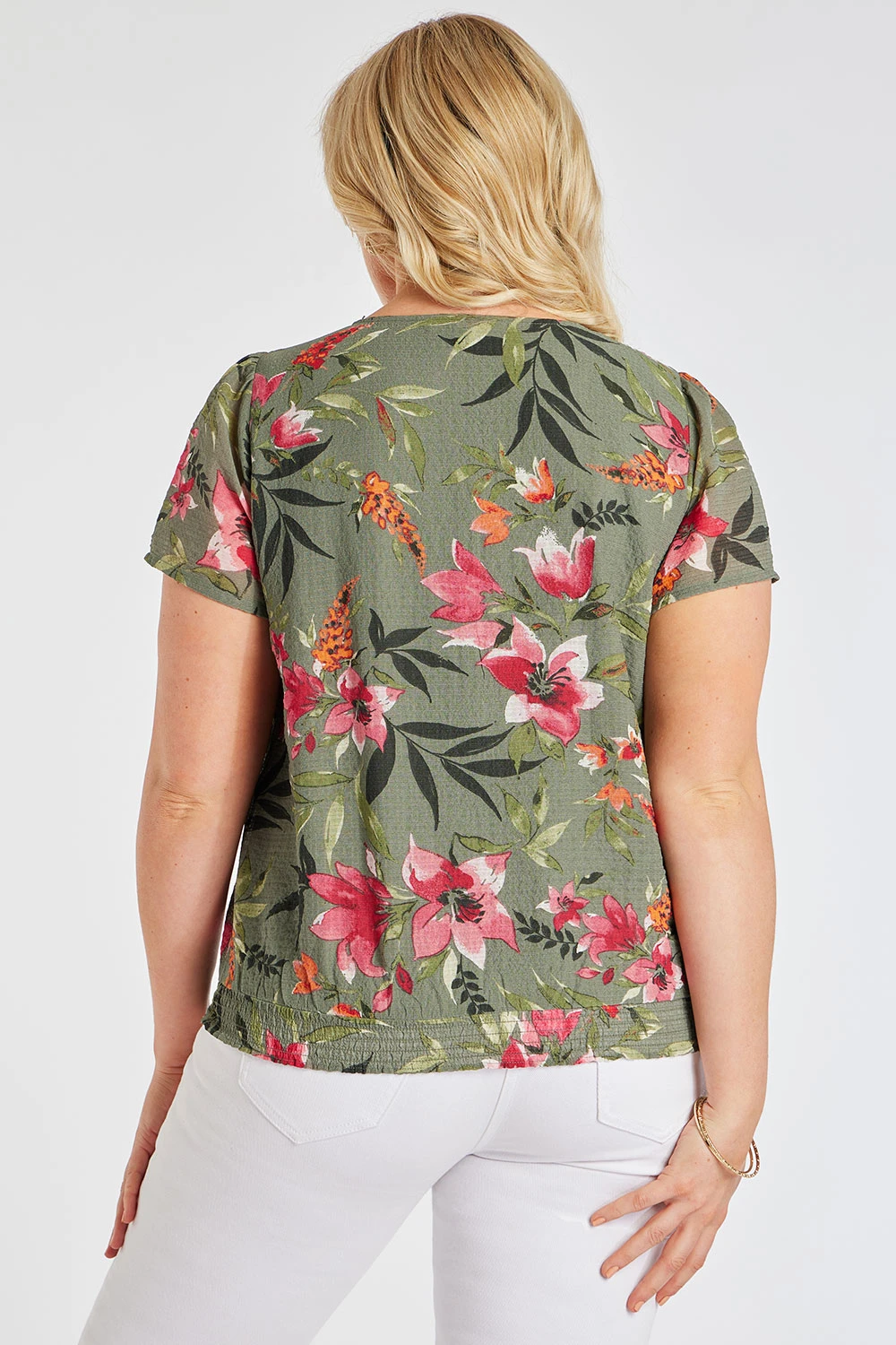 Short Sleeve Tropical Flower Top With Shirred Hem 8 Short Sleeve Tropical Flower Top With Shirred Hem - Image 6