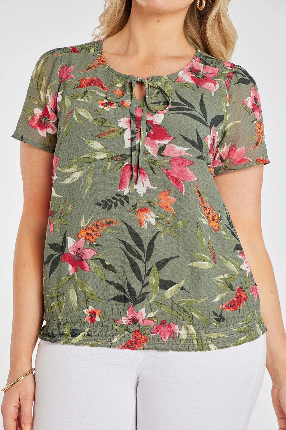 Short Sleeve Tropical Flower Top With Shirred Hem 11 Short Sleeve Tropical Flower Top With Shirred Hem - Image 9