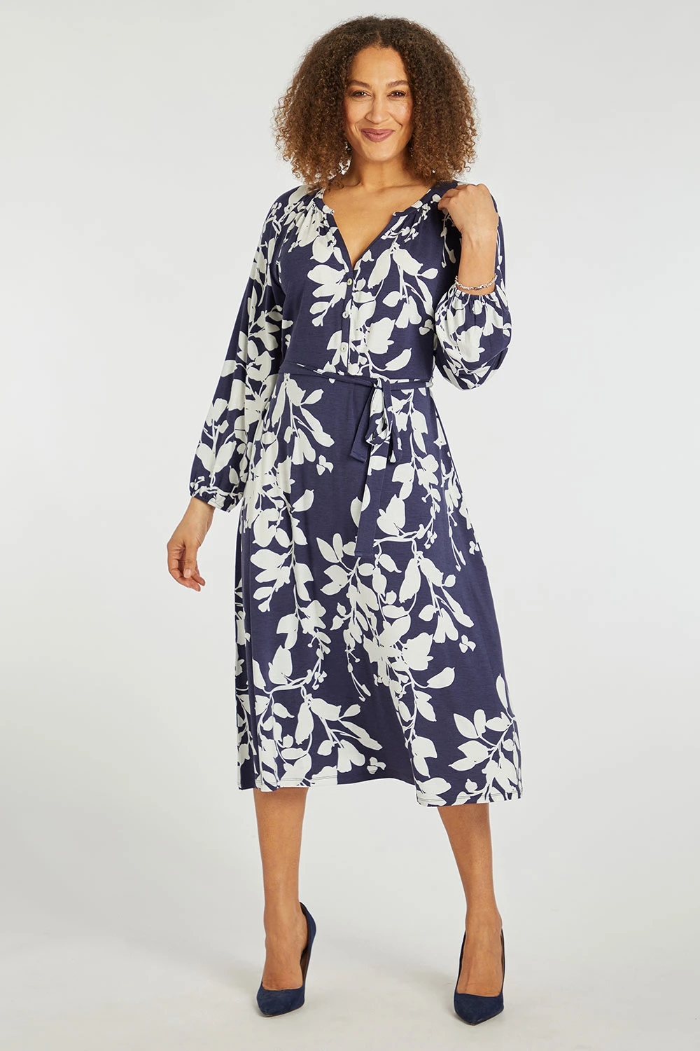 Leaf Print Belted Dress With Button Detail 3 Leaf Print Belted Dress With Button Detail