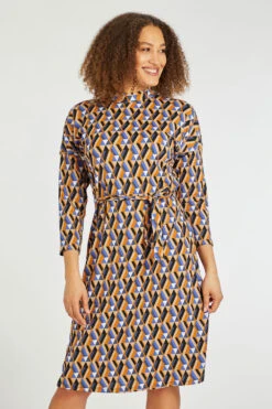 Geo Print Textured High Neck Dress