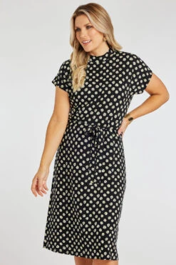 Ditsy Print High Neck Dress With Belt Detail