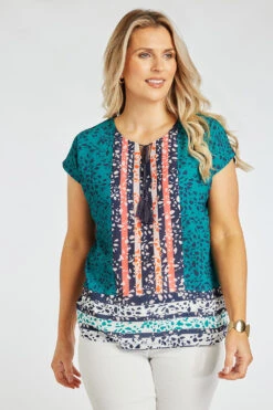 Short Sleeve Notch Neck Ditsy Patchwork Top With Tassels