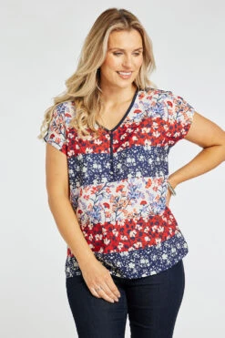 Short Sleeve Ditsy Stripe Patchwork Top