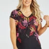 Short Sleeve V-Neck Woven Leaf Print Top