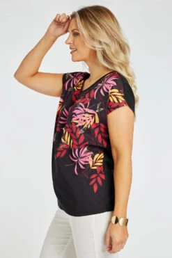 Short Sleeve V-Neck Woven Leaf Print Top -Mod Vanta Sales Store 900400007 alt3