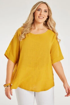 Short Sleeve Broderie Back Linen Look Top -Mod Vanta Sales Store 900401997 alt1