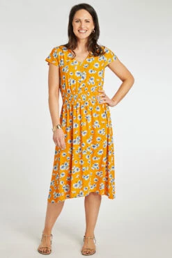 Mustard Ditsy Print Plisse Dress