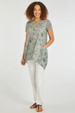 Short Sleeve Hanky Hem Floral Tunic With Metal Ring -Mod Vanta Sales Store 900424439 alt1