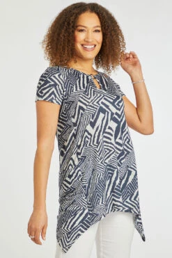 Short Sleeve Geo Print Hanky Hem Tunic With Metal Ring -Mod Vanta Sales Store 900424533 alt3