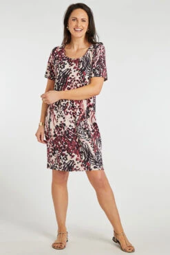 Short Sleeve Abstract Print Dress With Pockets