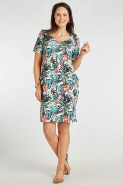 Short Sleeve Tropical Print Dress With Pockets -Mod Vanta Sales Store 900425393 alt1