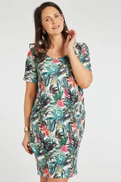 Short Sleeve Tropical Print Dress With Pockets