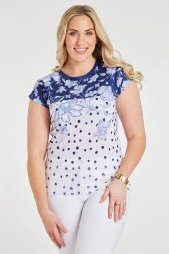 Short Sleeve Spots And Floral Print Top