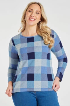 Long Sleeve Blue Check Pattern Top