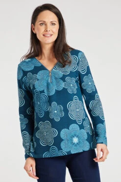 Mod Vanta Sales Store 13 Long Sleeve V-Neck Floral Top With Zip Detail