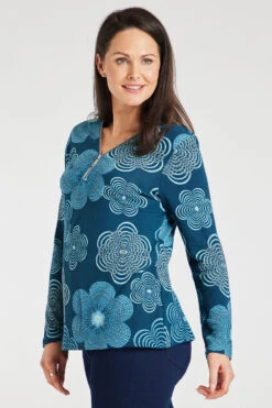 Long Sleeve V-Neck Floral Top With Zip Detail -Mod Vanta Sales Store 900426909 alt3