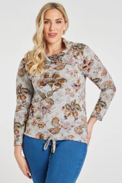 Long Sleeve Floral Top With Tie Hem Detail