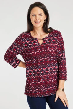 3/4 Sleeve Metal Notch Neck Geo Print Top