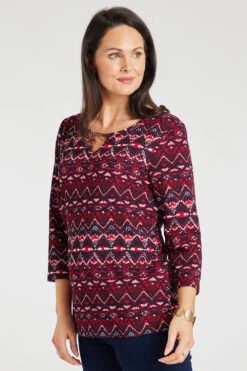 3/4 Sleeve Metal Notch Neck Geo Print Top -Mod Vanta Sales Store 900428869 alt3