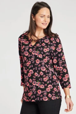3/4 Sleeve Metal Notch Neck Floral Print Top -Mod Vanta Sales Store 900428907 alt1