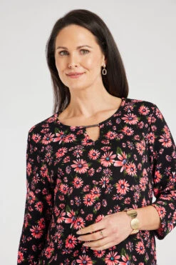 3/4 Sleeve Metal Notch Neck Floral Print Top -Mod Vanta Sales Store 900428907 alt5