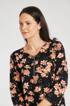 3/4 Sleeve Zip Neck Floral Top -Mod Vanta Sales Store 900429007 alt6