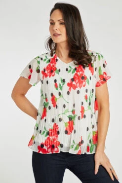 Flower And Sport Printed Pleated Chiffon Top
