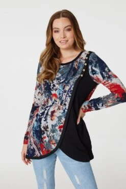 Stella Morgan - Long Sleeve Wrap Shoulder Design Tunic With Button Detail