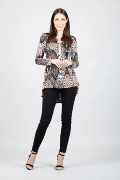 Stella Morgan - Long Sleeve Zip Neck High Low Hem Floral Blouse -Mod Vanta Sales Store 9004466 51202