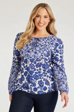 Long Sleeve Mixed Print Tie Neck Blouse