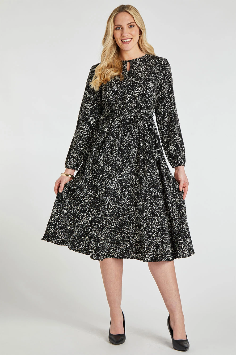 Dash Print Woven Midi Dress With Belt Detail 8 Dash Print Woven Midi Dress With Belt Detail - Image 6