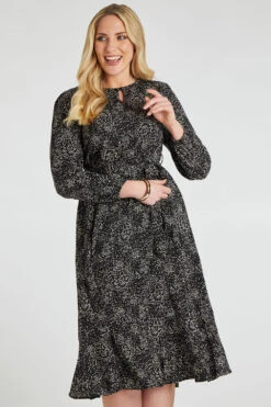 Dash Print Woven Midi Dress With Belt Detail