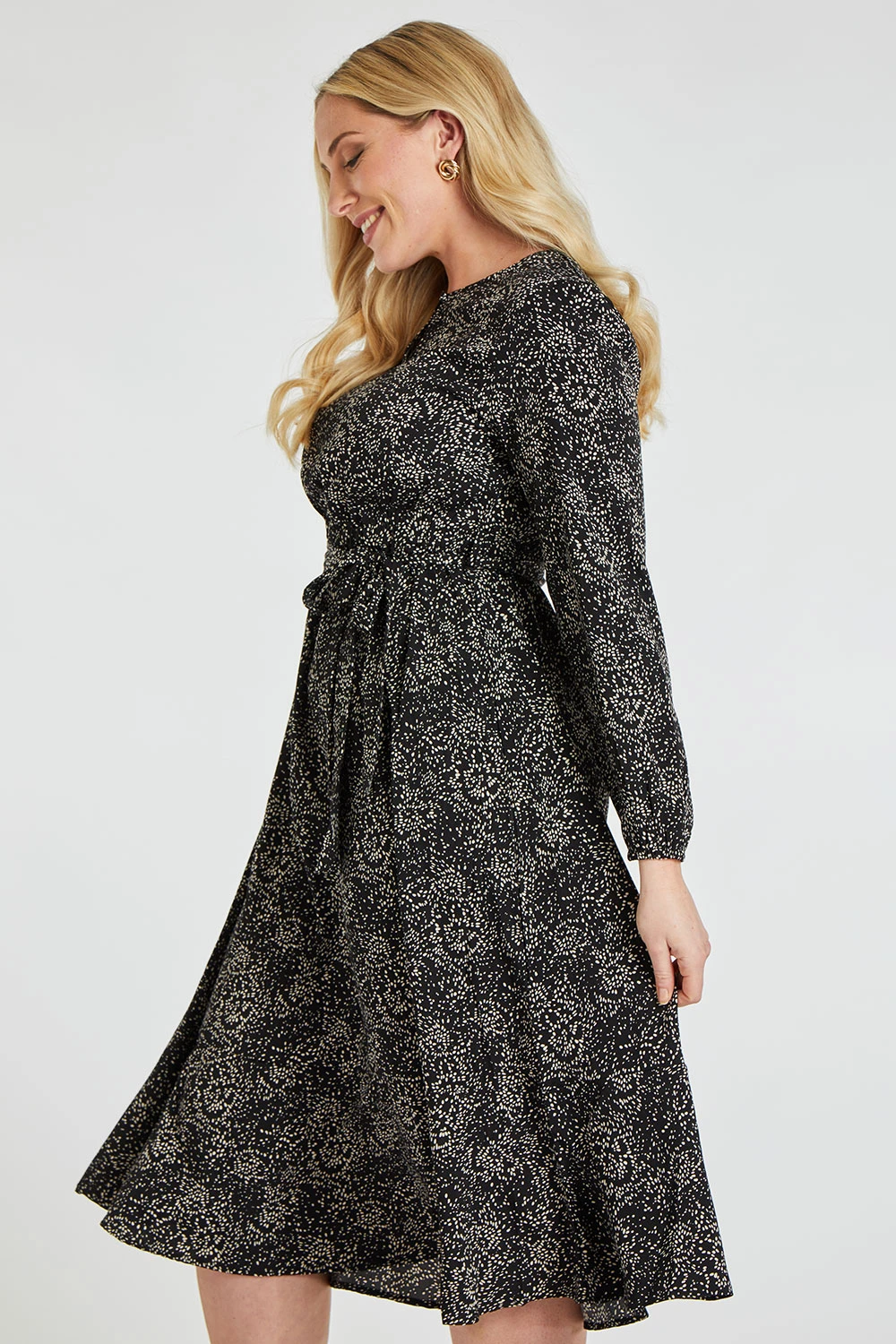 Dash Print Woven Midi Dress With Belt Detail 7 Dash Print Woven Midi Dress With Belt Detail - Image 5
