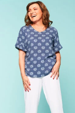 Short Frill Sleeve Leaf Tile Print V-Neck Top