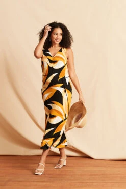 Mono Palm Print Maxi Dress With Ruched Front