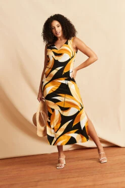 Mono Palm Print Maxi Dress With Ruched Front -Mod Vanta Sales Store BonMarche SS SHOT001 038