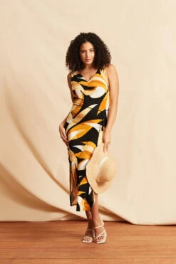 Mono Palm Print Maxi Dress With Ruched Front -Mod Vanta Sales Store BonMarche SS SHOT001 075