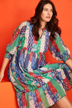 Patchwork Smock Maxi Dress With Shirred Cuffs -Mod Vanta Sales Store BonMarche SS SHOT016 018