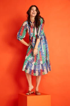 Patchwork Smock Maxi Dress With Shirred Cuffs -Mod Vanta Sales Store BonMarche SS SHOT016 054