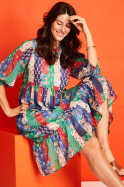 Patchwork Smock Maxi Dress With Shirred Cuffs -Mod Vanta Sales Store BonMarche SS SHOT016 069