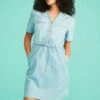 Short Sleeve Chambray Dress With Zip Detail